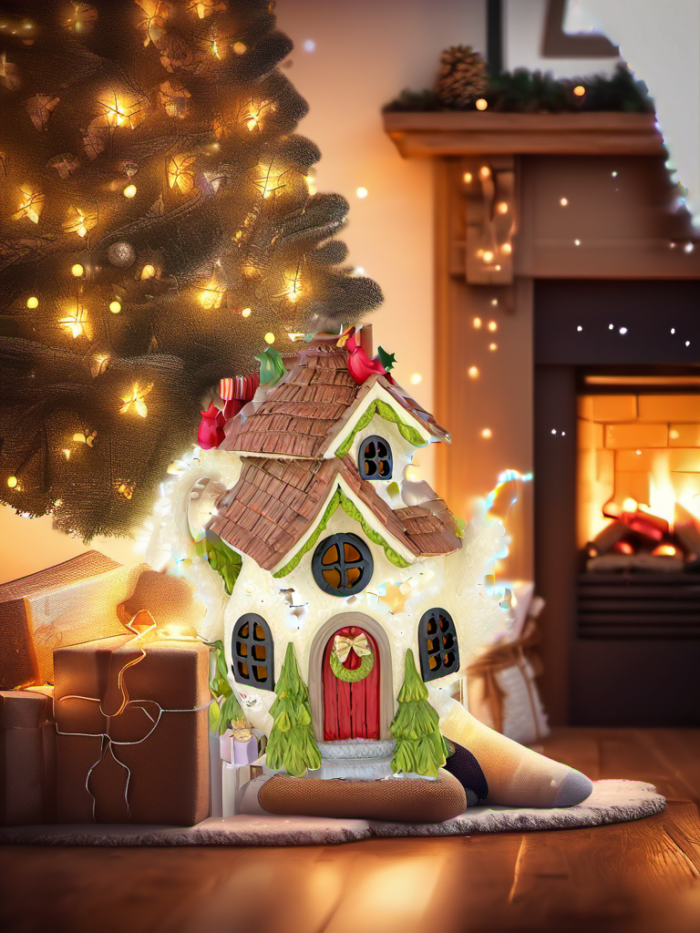 Beige Teacup House Christmas fireplace scene