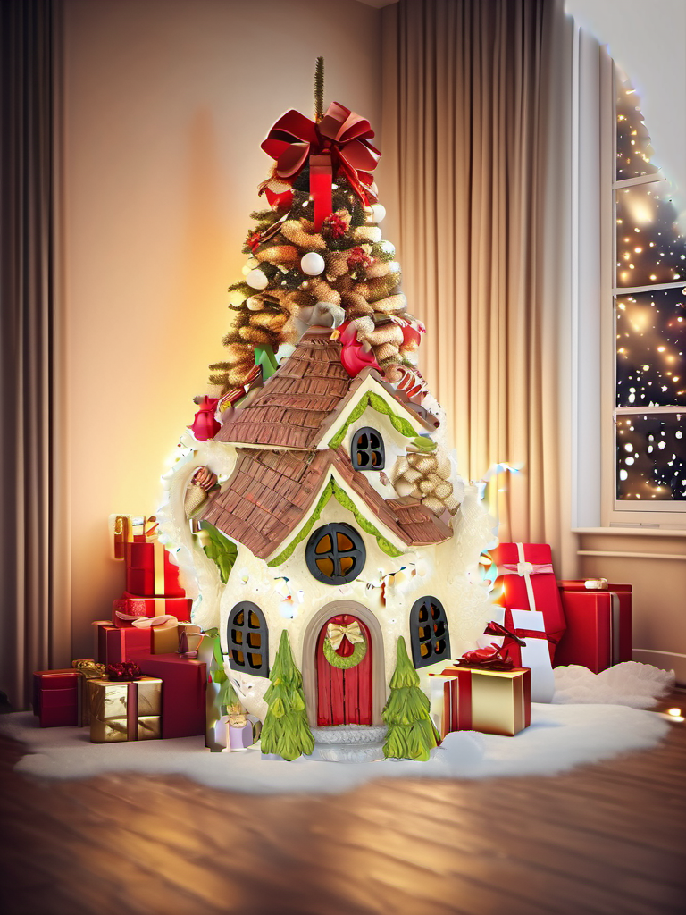 Beige Teacup House Christmas tree gifts scene