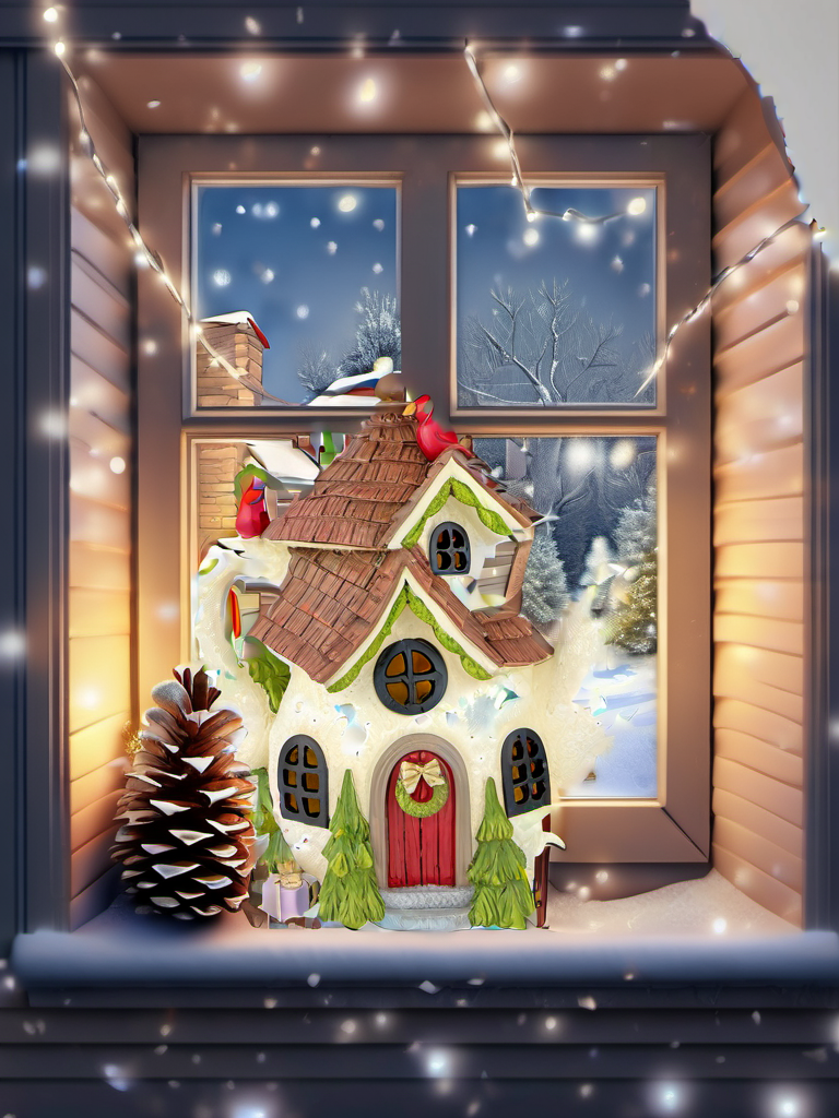 Beige Teacup House Christmas window nook scene