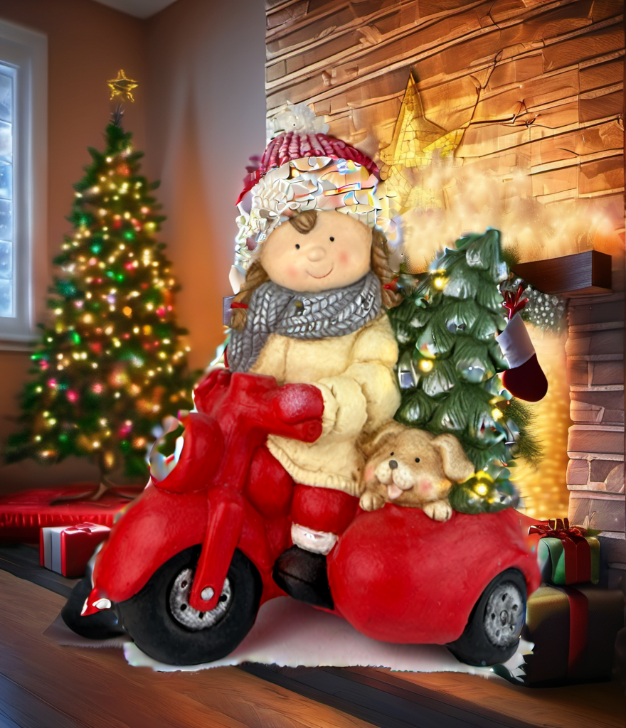 Red Motorcycle Girl Christmas festive scene 1