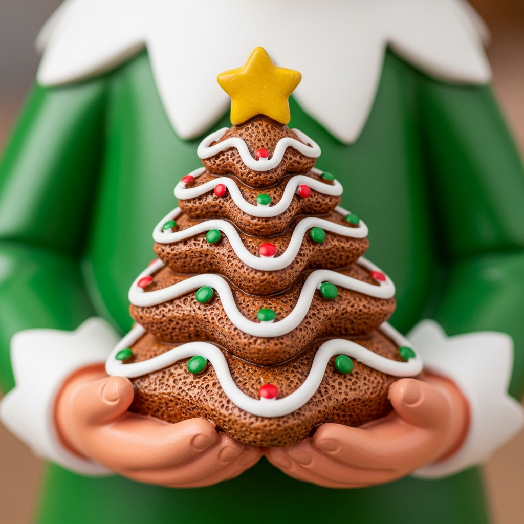 Gingerbread Tree Sprite - Close-up details of the gingerbread elf sprite and tree cookie