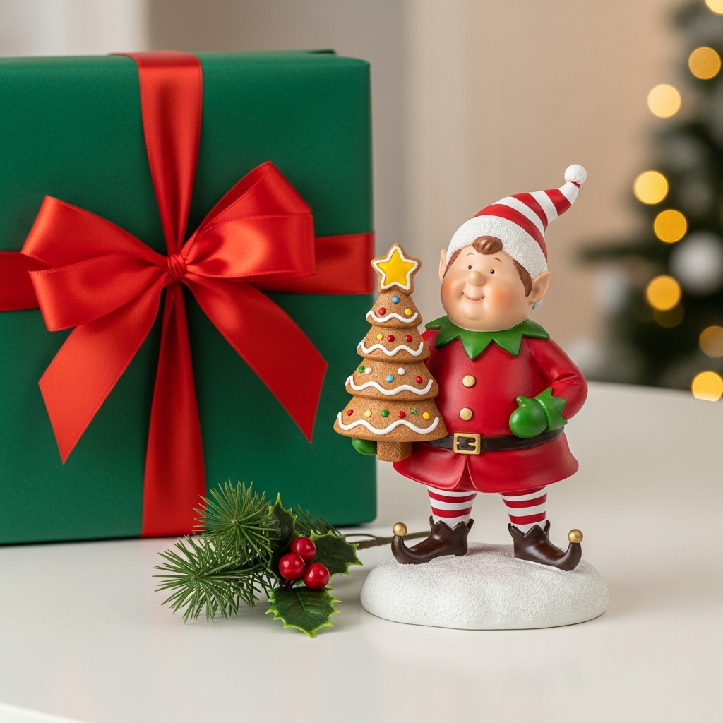 Gingerbread Tree Sprite - Christmas gingerbread elf sprite decoration styled next to green gift box and red ribbon