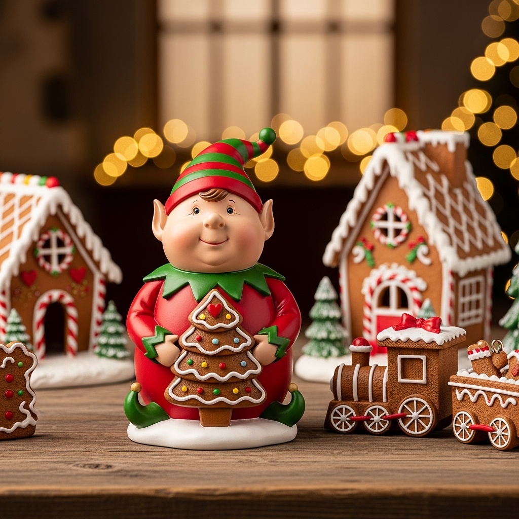 Gingerbread Tree Sprite - Christmas gingerbread elf sprite decoration next to gingerbread house