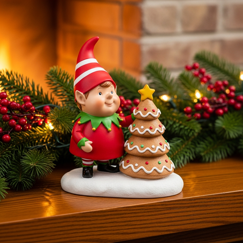 Gingerbread Tree Sprite - Christmas gingerbread elf sprite decoration on fireplace mantelpiece