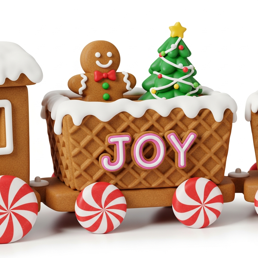 Two-Car Gingerbread Train - Close-up details of gingerbread man and tree in the gingerbread train wagon