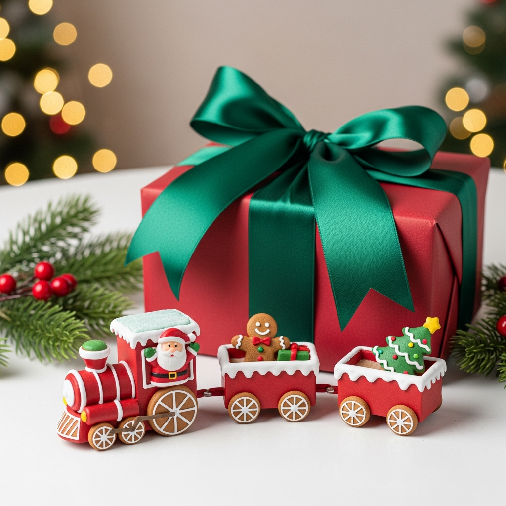 Two-Car Gingerbread Train - Christmas gingerbread train decoration styled next to green gift box and red ribbon