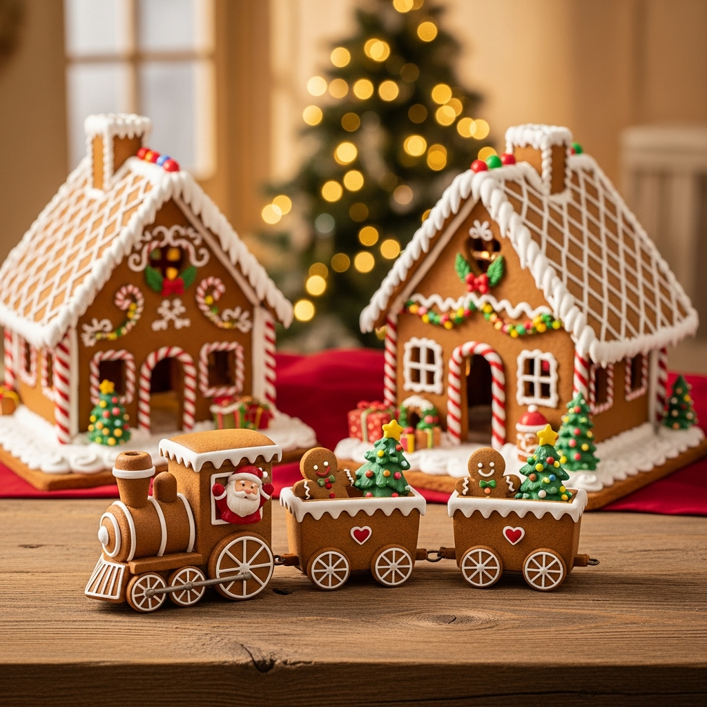 Two-Car Gingerbread Train - Christmas gingerbread train decoration next to gingerbread house
