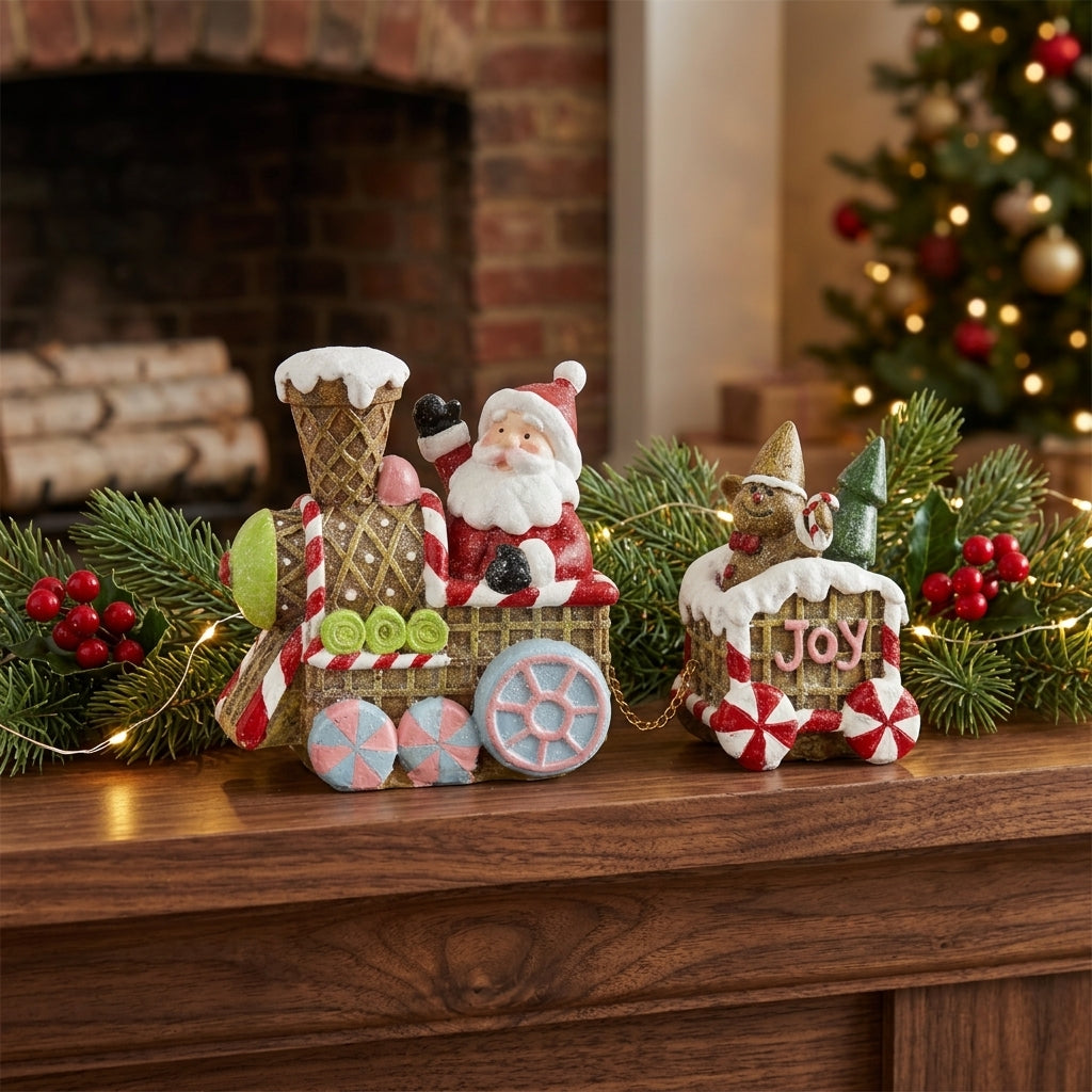 Two-Car Gingerbread Train - Christmas gingerbread train decoration on fireplace mantelpiece