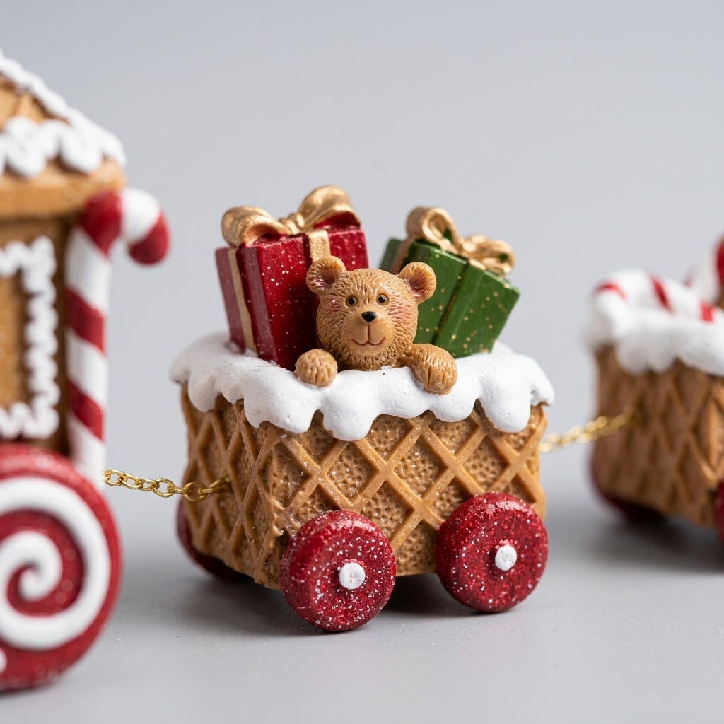 Three-Car Gingerbread Train - Close-up details of teddy bear and gifts in the gingerbread train wagon