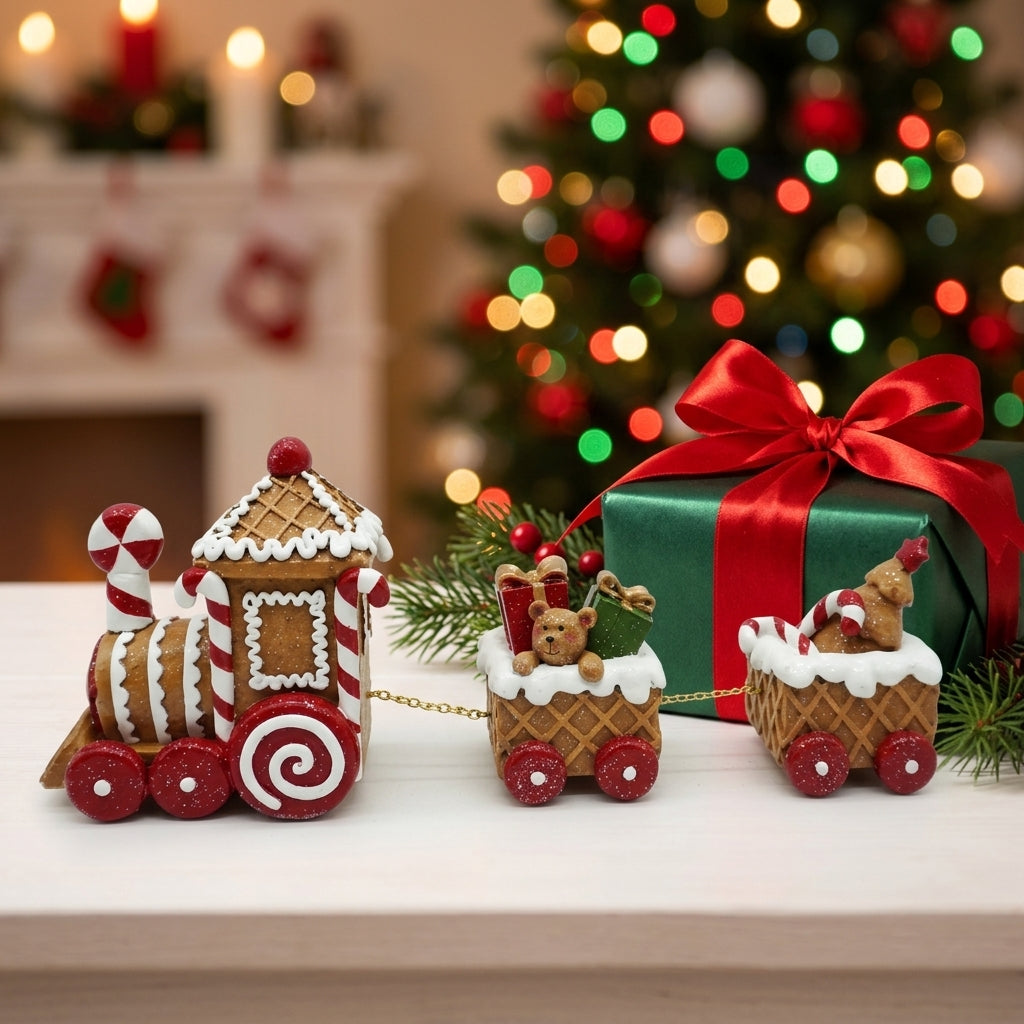 Three-Car Gingerbread Train - Christmas gingerbread train decoration styled next to green gift box and red ribbon