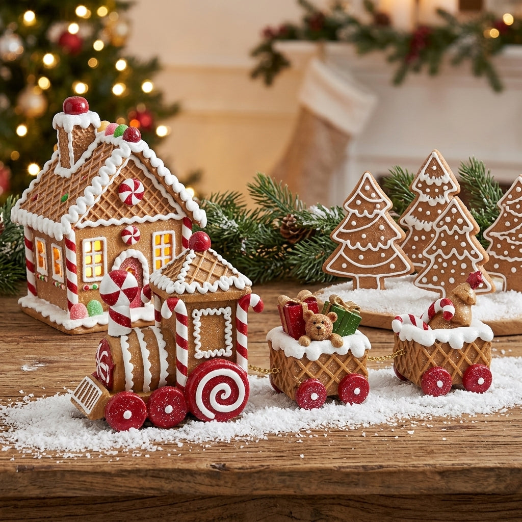 Three-Car Gingerbread Train - Christmas gingerbread train decoration next to gingerbread house