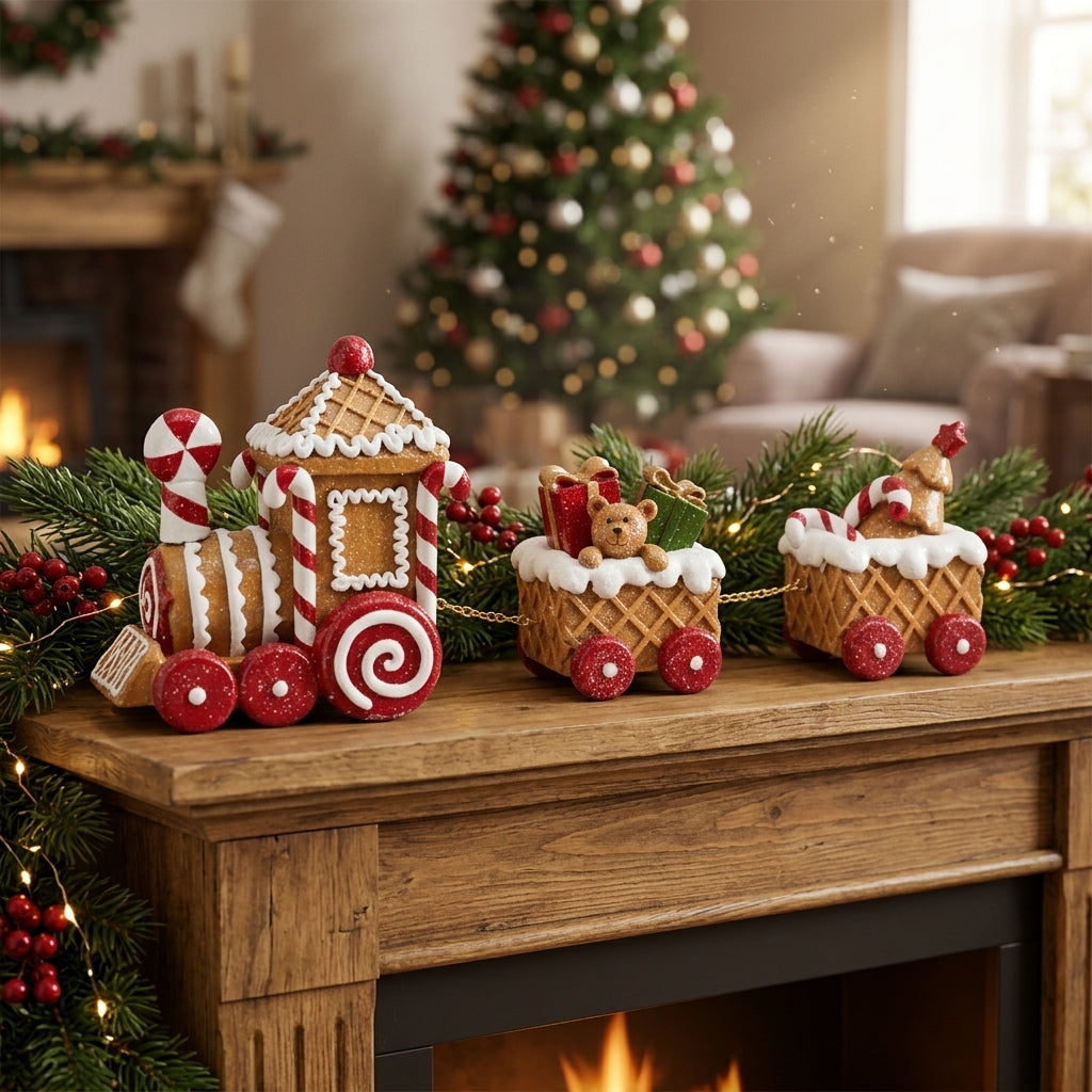 Three-Car Gingerbread Train - Christmas gingerbread train decoration on fireplace mantelpiece