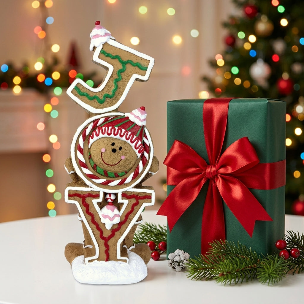 JOY Sign - Christmas gingerbread JOY standing sign decoration styled with green gift box and red ribbon