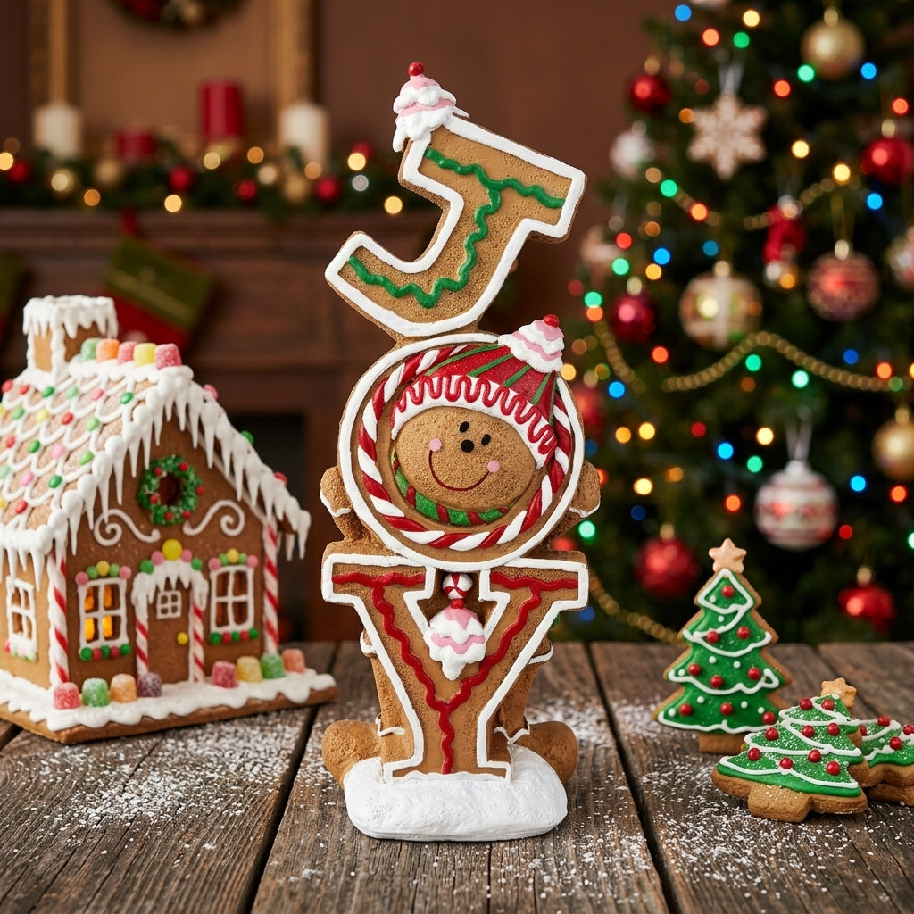 JOY Sign - Christmas gingerbread JOY standing sign decoration next to gingerbread house