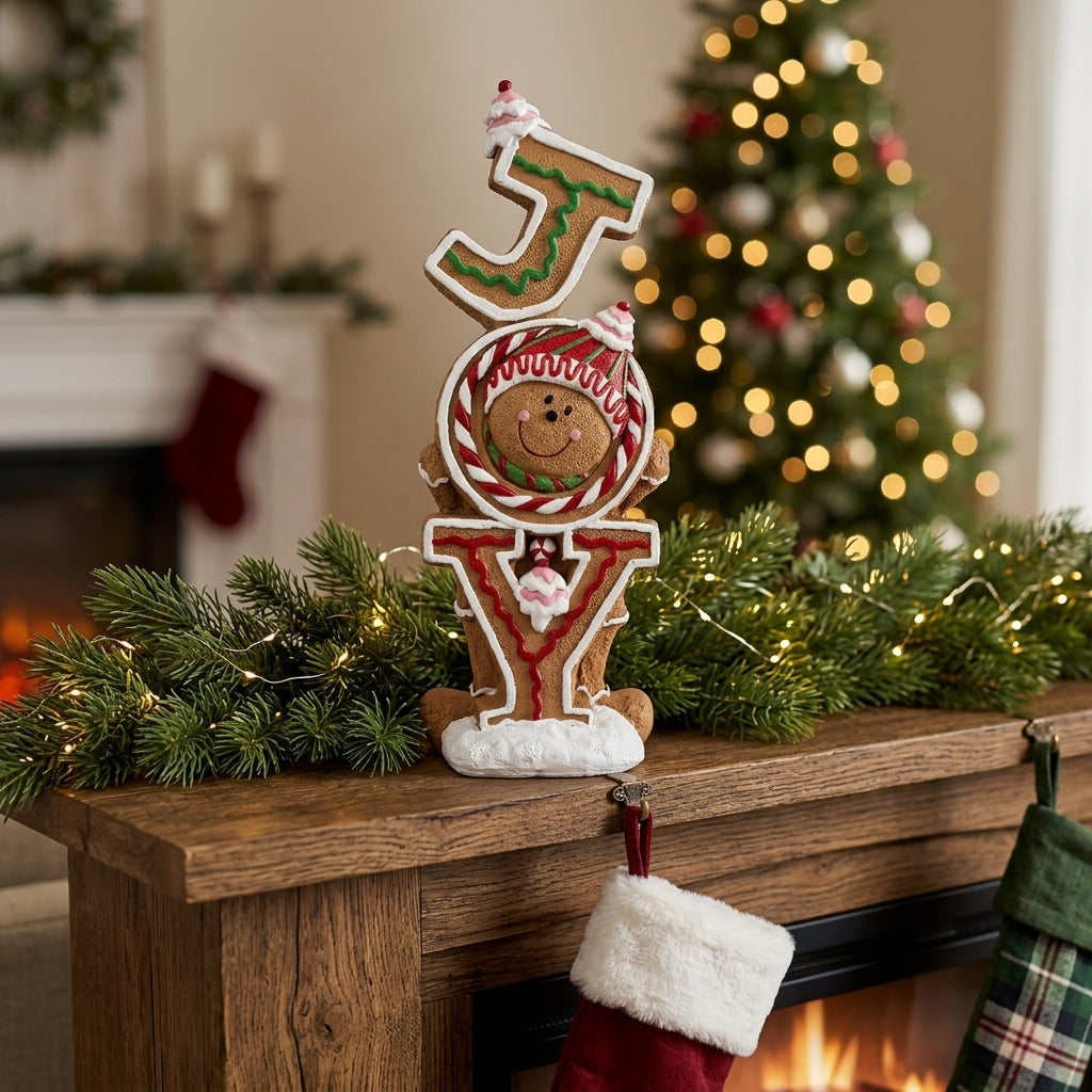 JOY Sign - Christmas gingerbread JOY standing sign decoration on fireplace mantelpiece