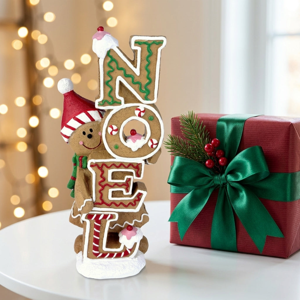 NOEL Sign - Christmas gingerbread NOEL standing sign decoration styled with red gift box and green ribbon