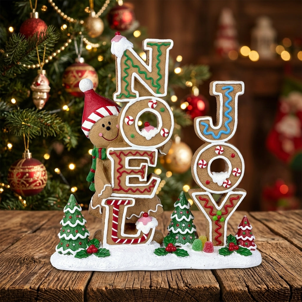 NOEL Sign - Christmas gingerbread NOEL standing sign decoration next to gingerbread decorations