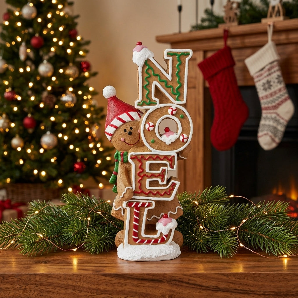 NOEL Sign - Christmas gingerbread NOEL standing sign decoration on fireplace mantelpiece
