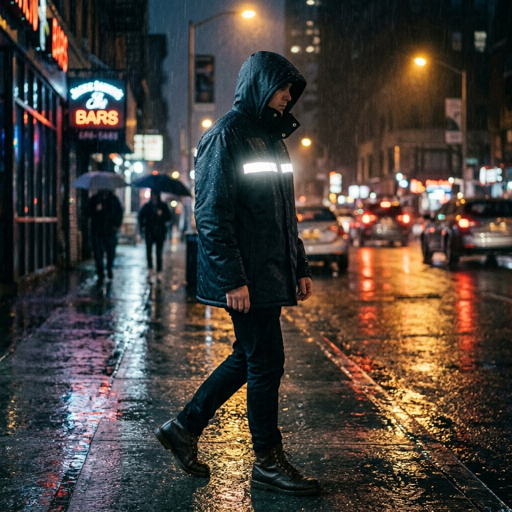 Heavy-Duty Insulated Black Hooded Safety Jacket walking in rain nighttime