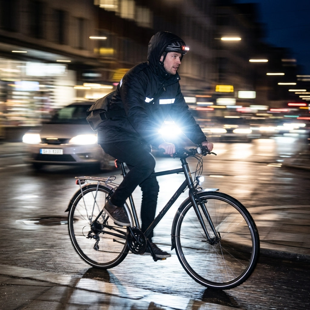 Heavy-Duty Insulated Black Hooded Safety Jacket commuter cyclist night view