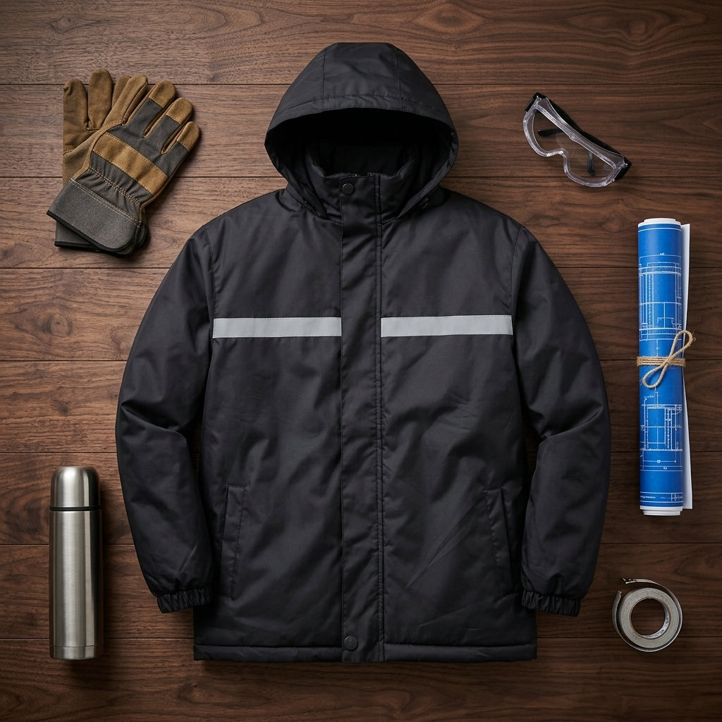 Heavy-Duty Insulated Black Hooded Safety Jacket workwear flat lay overview