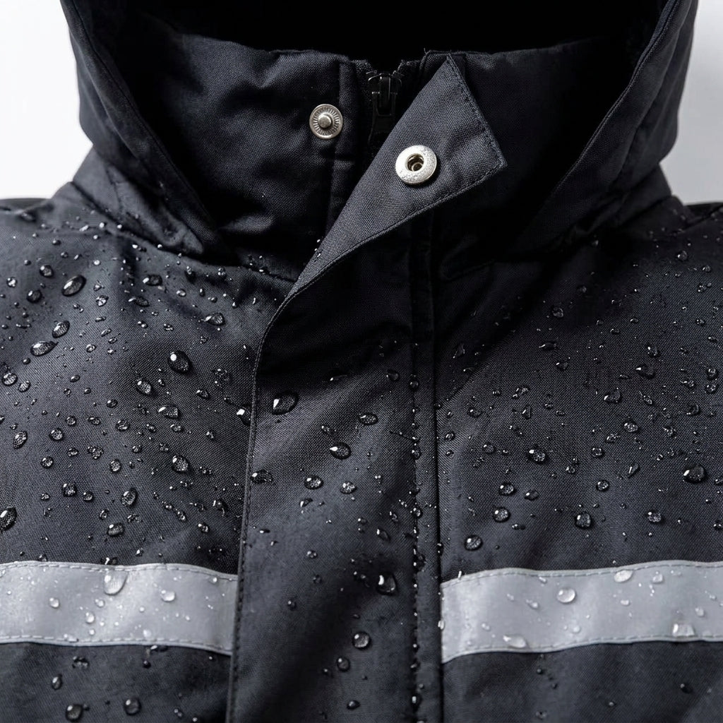 Heavy-Duty Insulated Black Hooded Safety Jacket close-up waterproof fabric detail