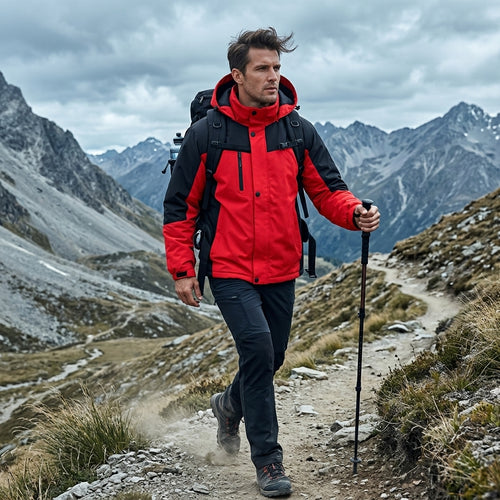 All-Weather Two-Tone Fleece-Lined Hooded Jacket Red/Black outdoor hiking scene