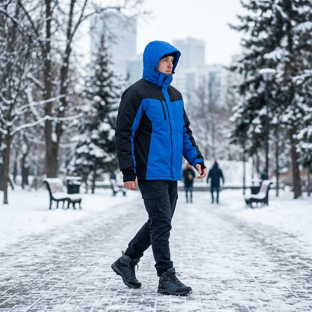 All-Weather Two-Tone Fleece-Lined Hooded Jacket Blue/Black walking in winter park