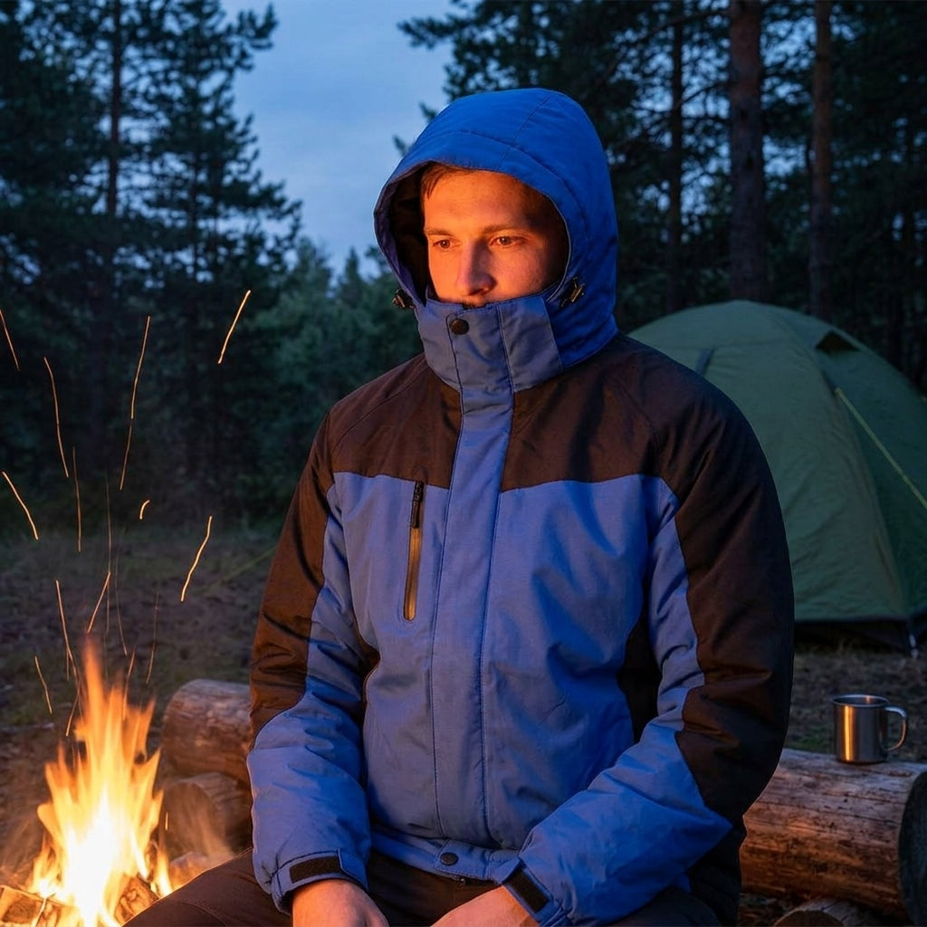 All-Weather Two-Tone Fleece-Lined Hooded Jacket camping around campfire at dusk
