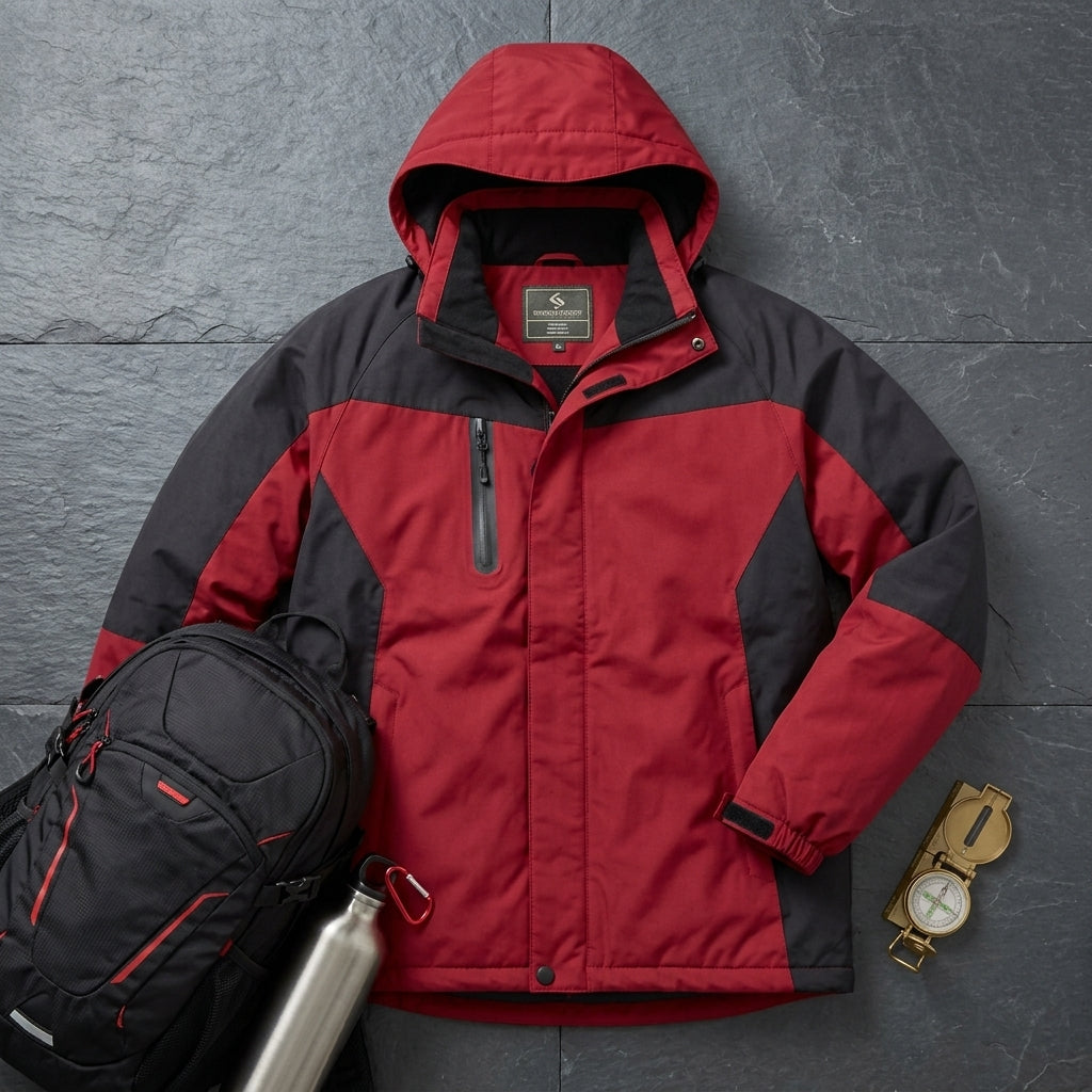 All-Weather Two-Tone Fleece-Lined Hooded Jacket Red/Black flat lay overview with gear