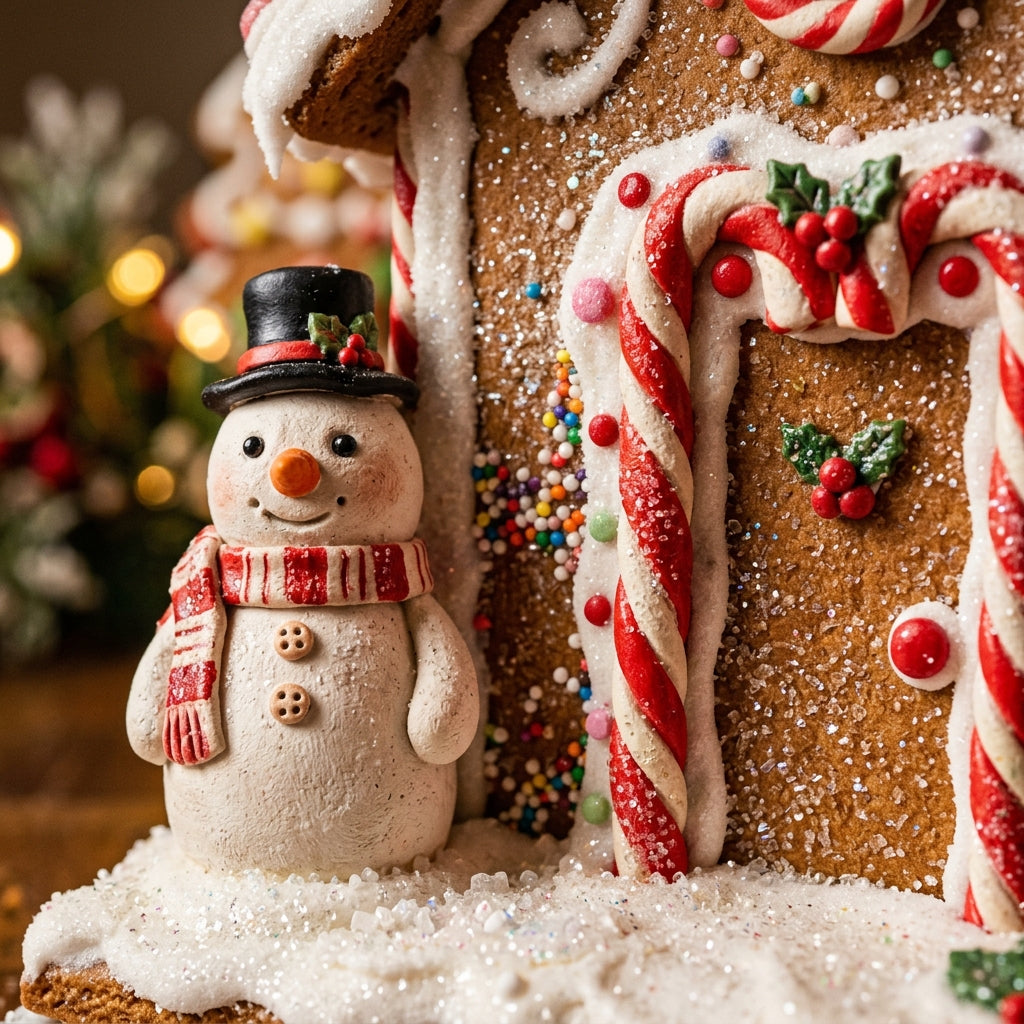 Intricate details showing ceramic texture and snowy icing on gingerbread house