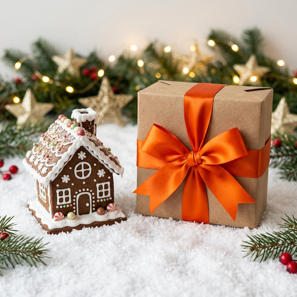 Snowman gingerbread house decoration next to a gift box with orange ribbon
