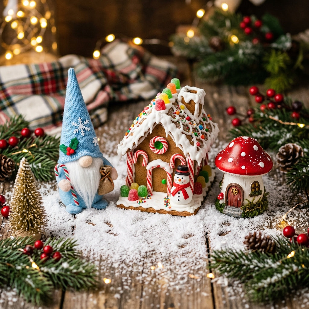 Snowman gingerbread house decoration grouped with a blue Christmas gnome