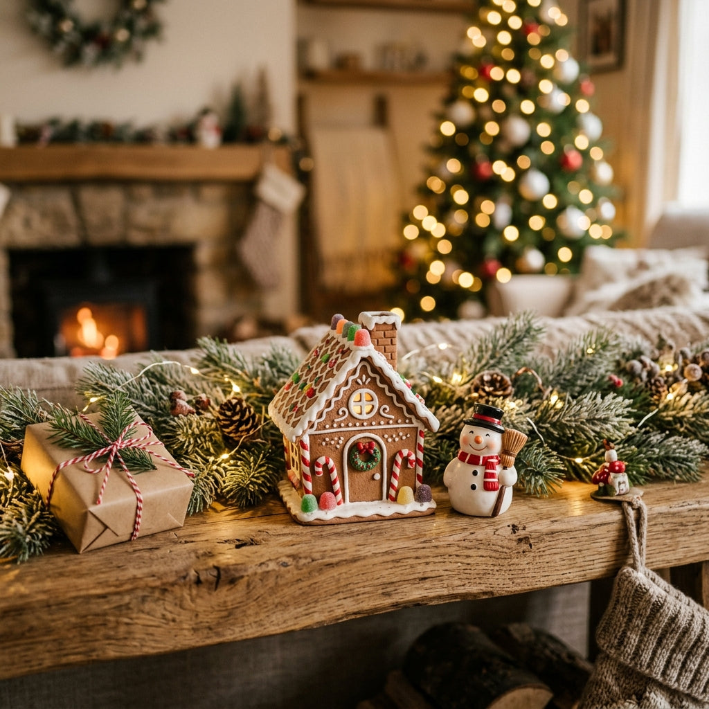 Small Snowman Gingerbread House Christmas Decoration on cozy mantlepiece